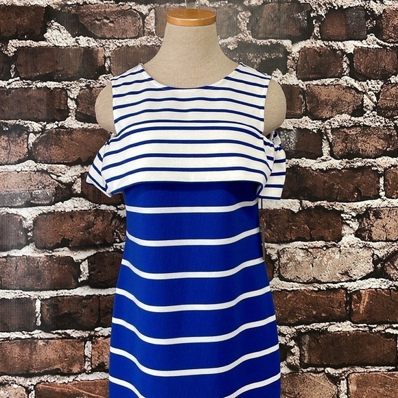 Vince Camuto Dress Women's 6 Blue White Striped Cold Shoulder Midi NWT - Picture 7 of 16